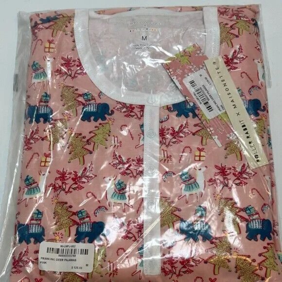 Roller Rabbit NWT Prancing Deer Pink Christmas Holiday Pajamas size Medium - Picture 3 of 3
